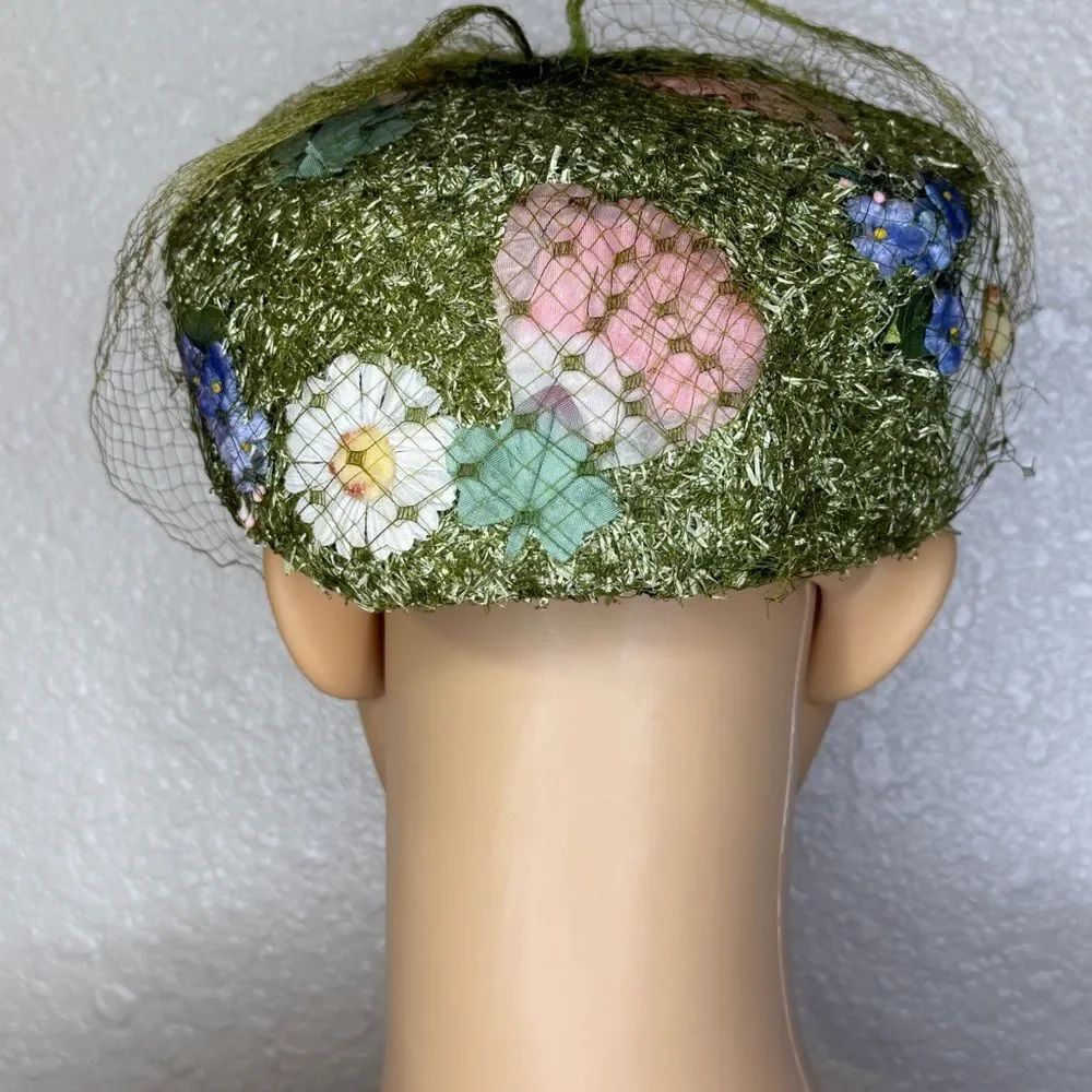 Vintage Rare Hutzler’s Pillbox Floral Tulle Net Fascinator Hat Green White Pink - Picture 4 of 15